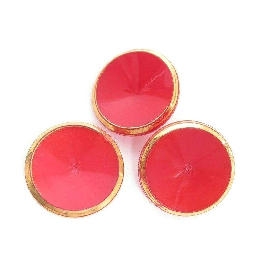 Vintage Simple Classy Cherry Red Glass w/ Gold Luster Edge Buttons*22mm*Lot of 3